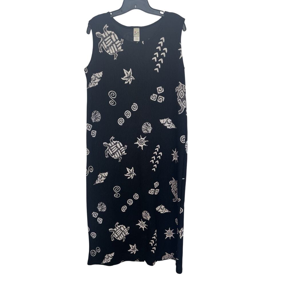 Vtg 90s Beach Novelty Print Coastal Black White Maxi Dress XL Turtles Seashells